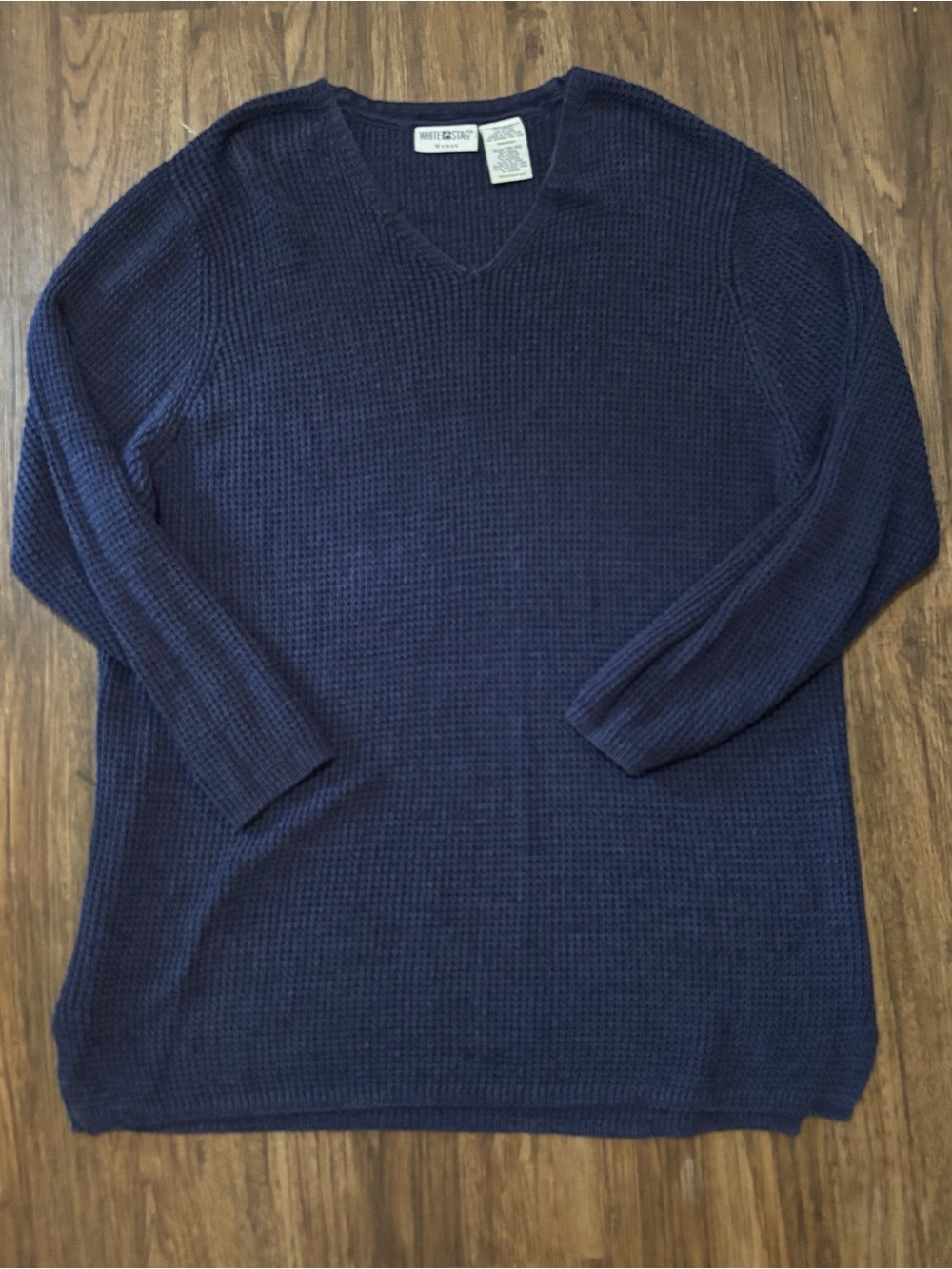 White Stag 2XL Navy Blue Waffle Knit V-Neck Pullover Sweater Relaxed Fit